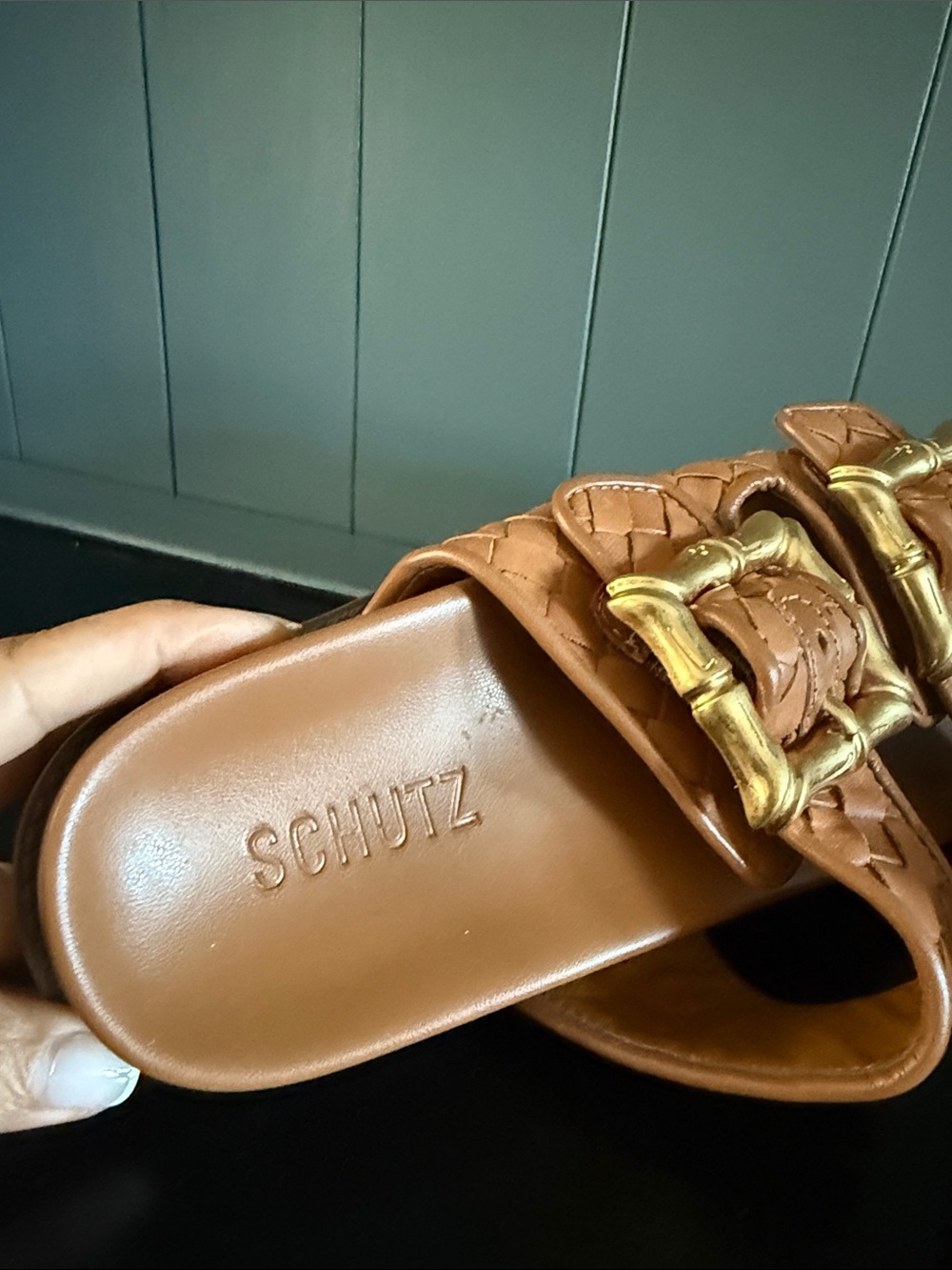 Schultz Braided Leather Double-Buckle Slide Sandals in Cognac - Picture 3 of 7